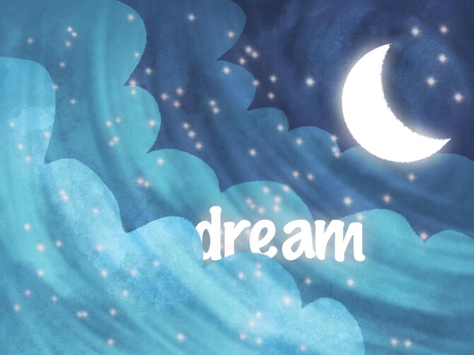 A digital artwork of a cloudy night sky with scattered stars and a glowing crescent moon. The word “dream” is poking out from behind the closest layer of clouds