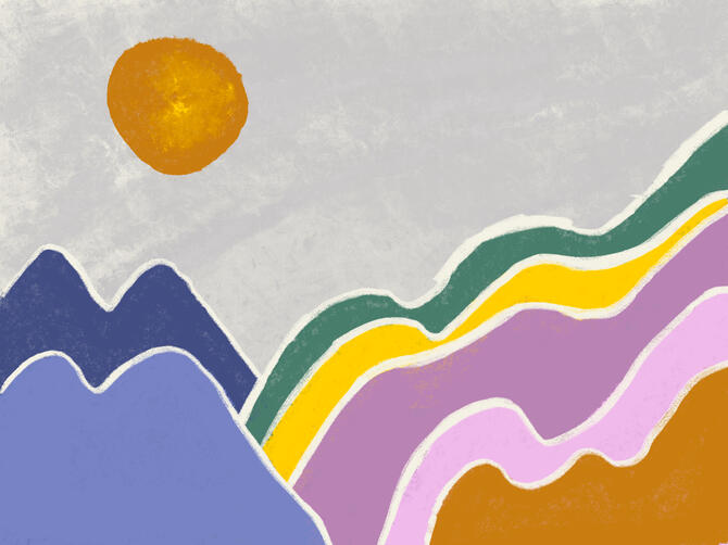 A stylised drawing of mountains in front of a backdrop of sun and clouds