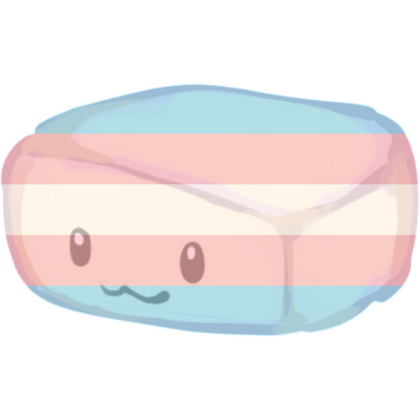 A drawing of a block of tofu with a smile overlaid with a transgender pride flag